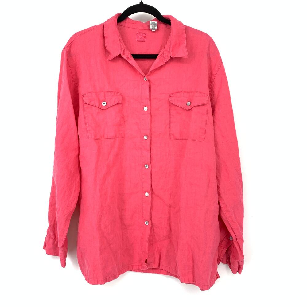 Lino By Chicos Buttondown Shirt Womens Size 3 US XL Coral Pink Linen Long Sleeve